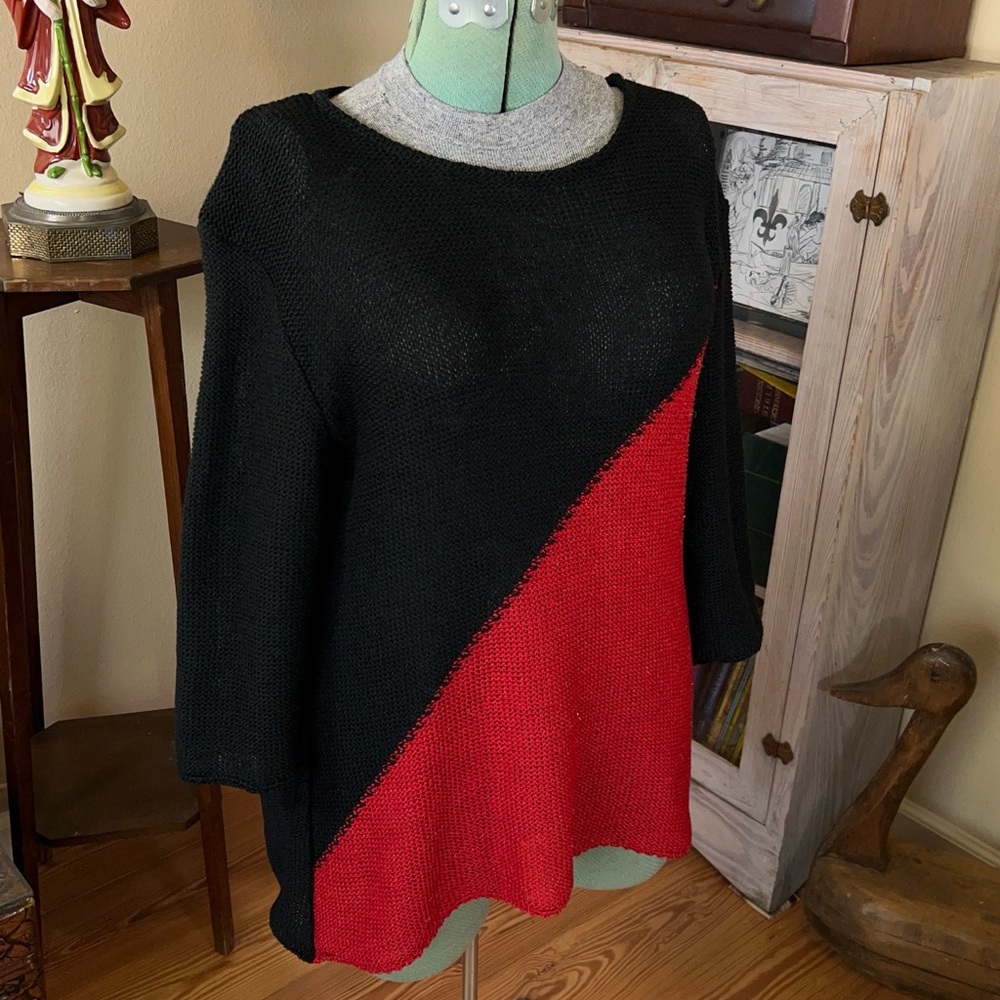 Vintage Red and Black Asymmetrical color block Linen Knit Sheer Mesh Top - Picture 3 of 8